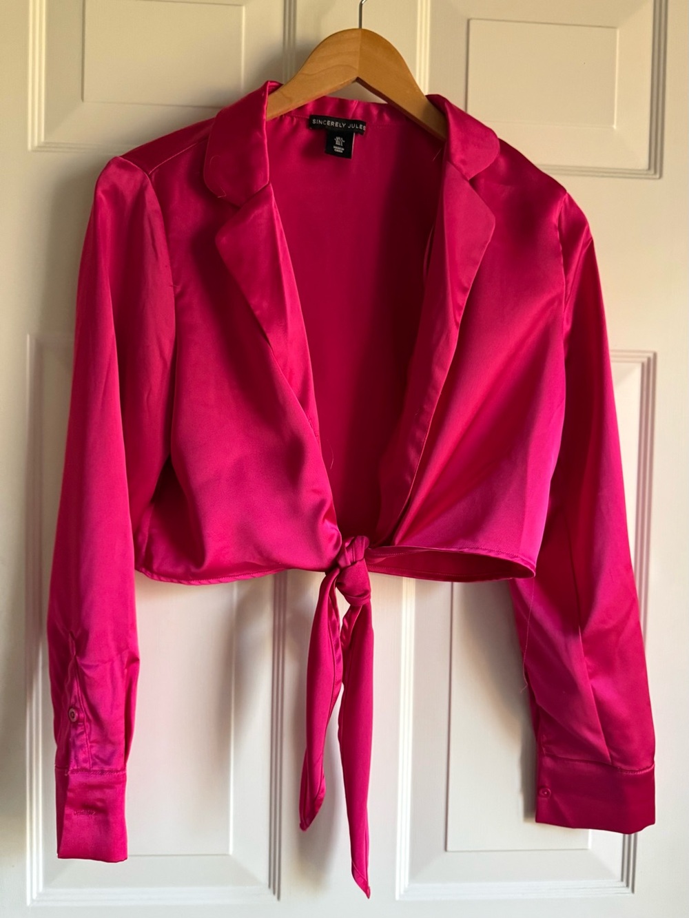 Sincerely Jules Satin Two-Piece Set Hot Pink Crop Top Tie Top & Wide Leg Pants - Picture 4 of 10